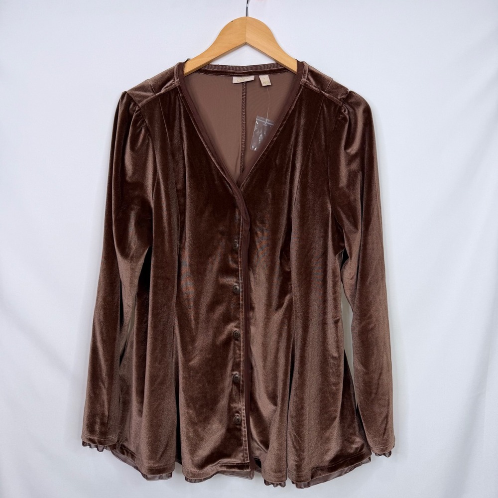LOGO Lavish Velvet Button Up Blouse Women Large Brown NWOT